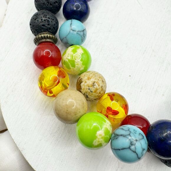 2 Lava Rock Diffuser Stretch Bracelets With Rainbow Stone Glass Beads Chakra - Picture 3 of 7